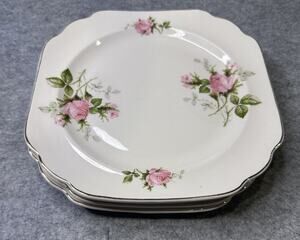 Set of 4 Square Salad Plates Canonsburg Pottery Co. Rose Bouquet Gold Trim 8"